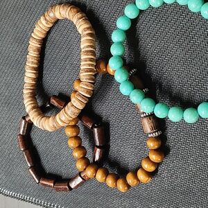 Unisex Wood and Turquoise Beaded Bracelets Set